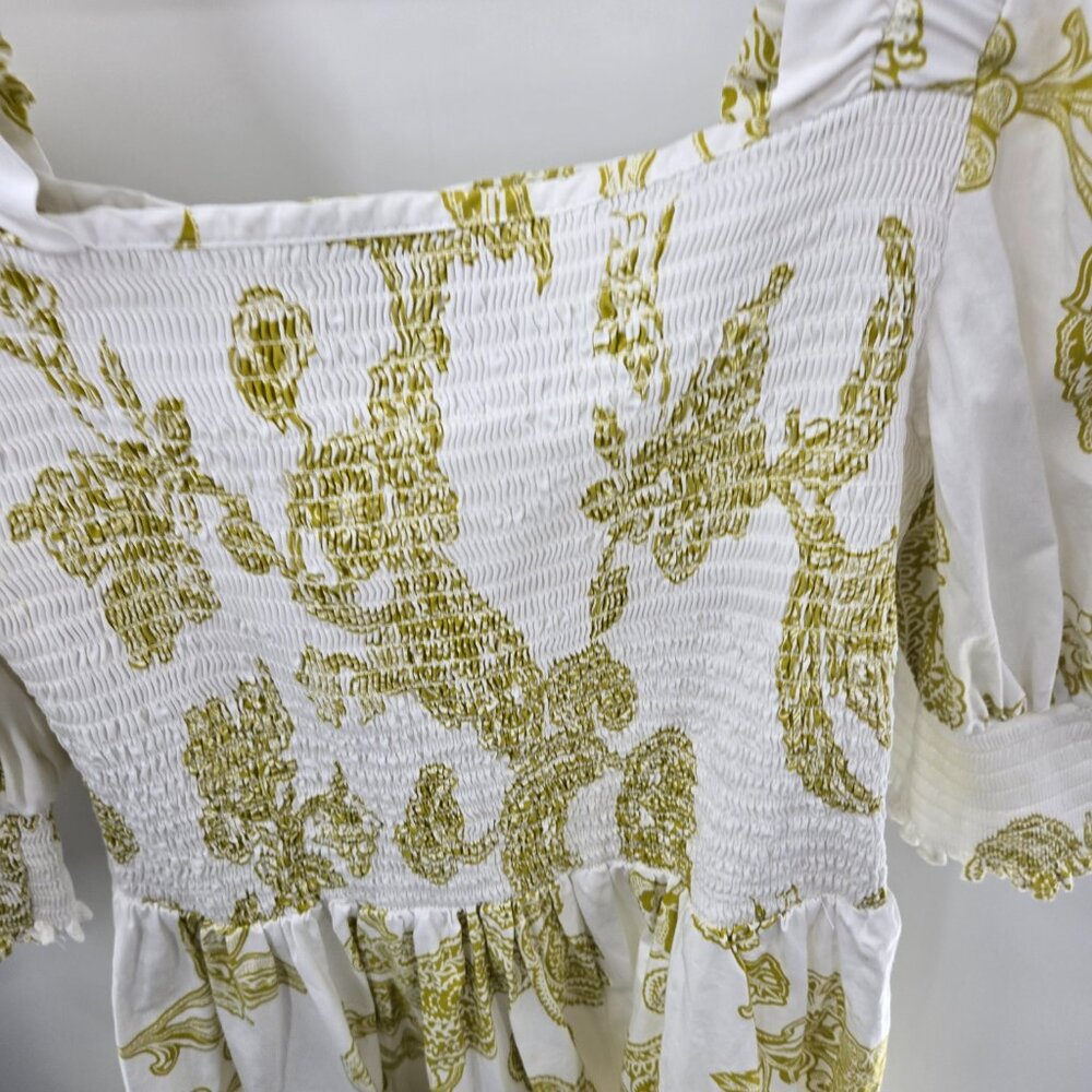 MSK White Gold Smocked 100% Cotton Made in India Puff Sleeved Blouse Medium - Picture 7 of 13